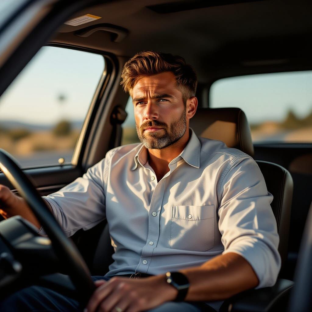 Tired Salesman in Car, Stylized Digital Art