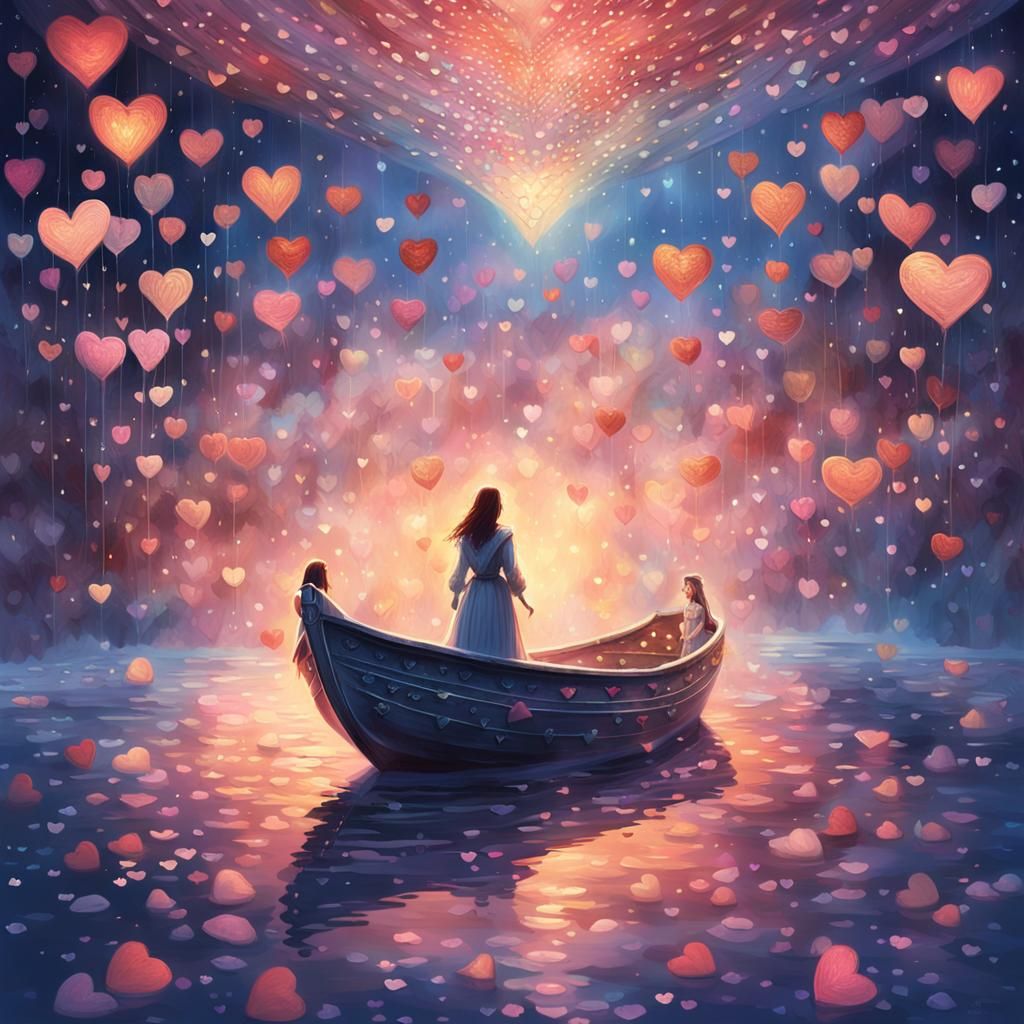 Woman in Silver Boat with Hearts, Fantasy Art