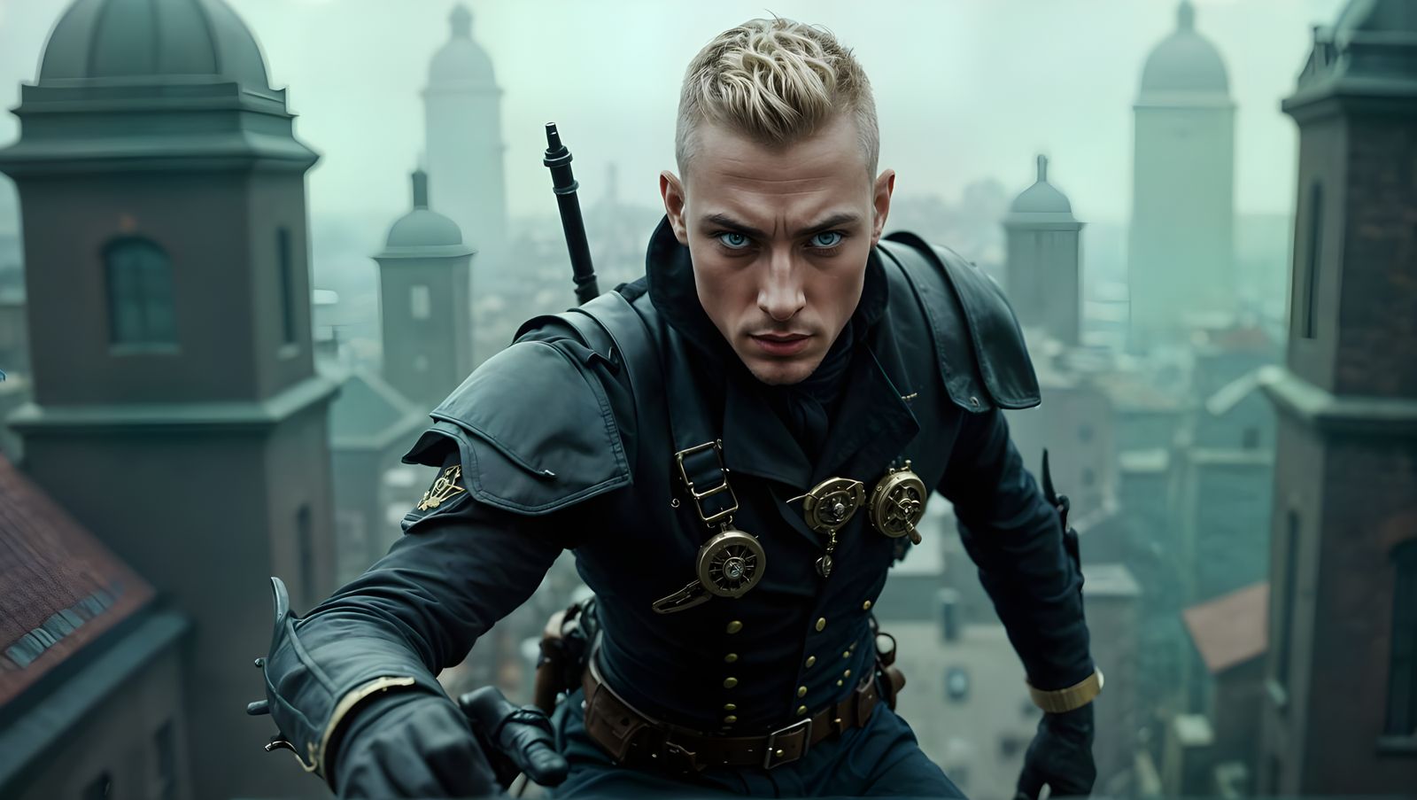 Steampunk Sailor Leaps in Cinematic Still