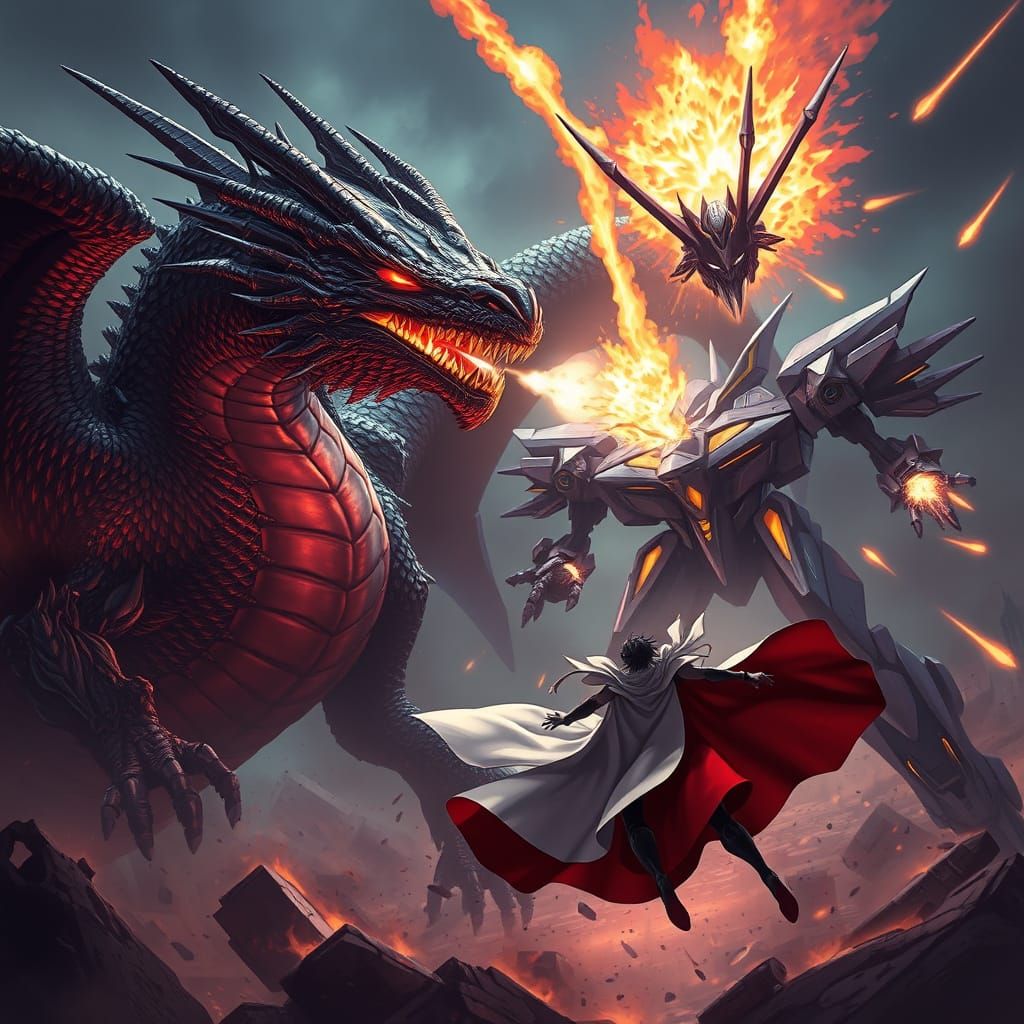 Dragon Mecha Battle in Dark Fantasy Anime Style
