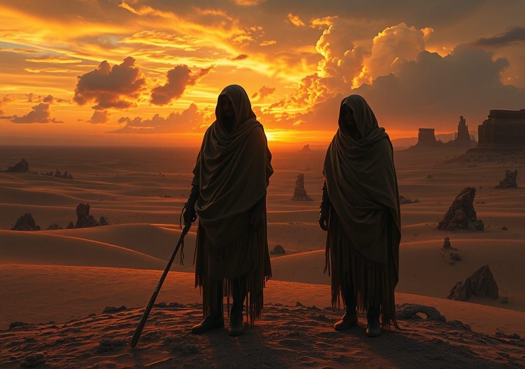 Desert Figures in Golden Sunset: Surreal Landscape
