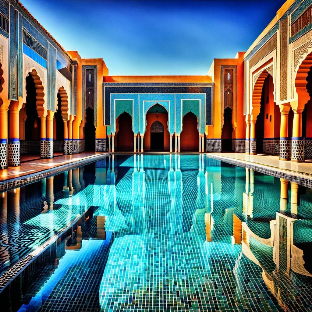 Moroccan Pool Scene with Art Deco Design