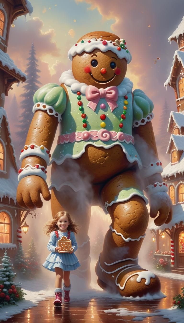 Little Girl and Gigantic Gingerbread Man in Ethereal Style