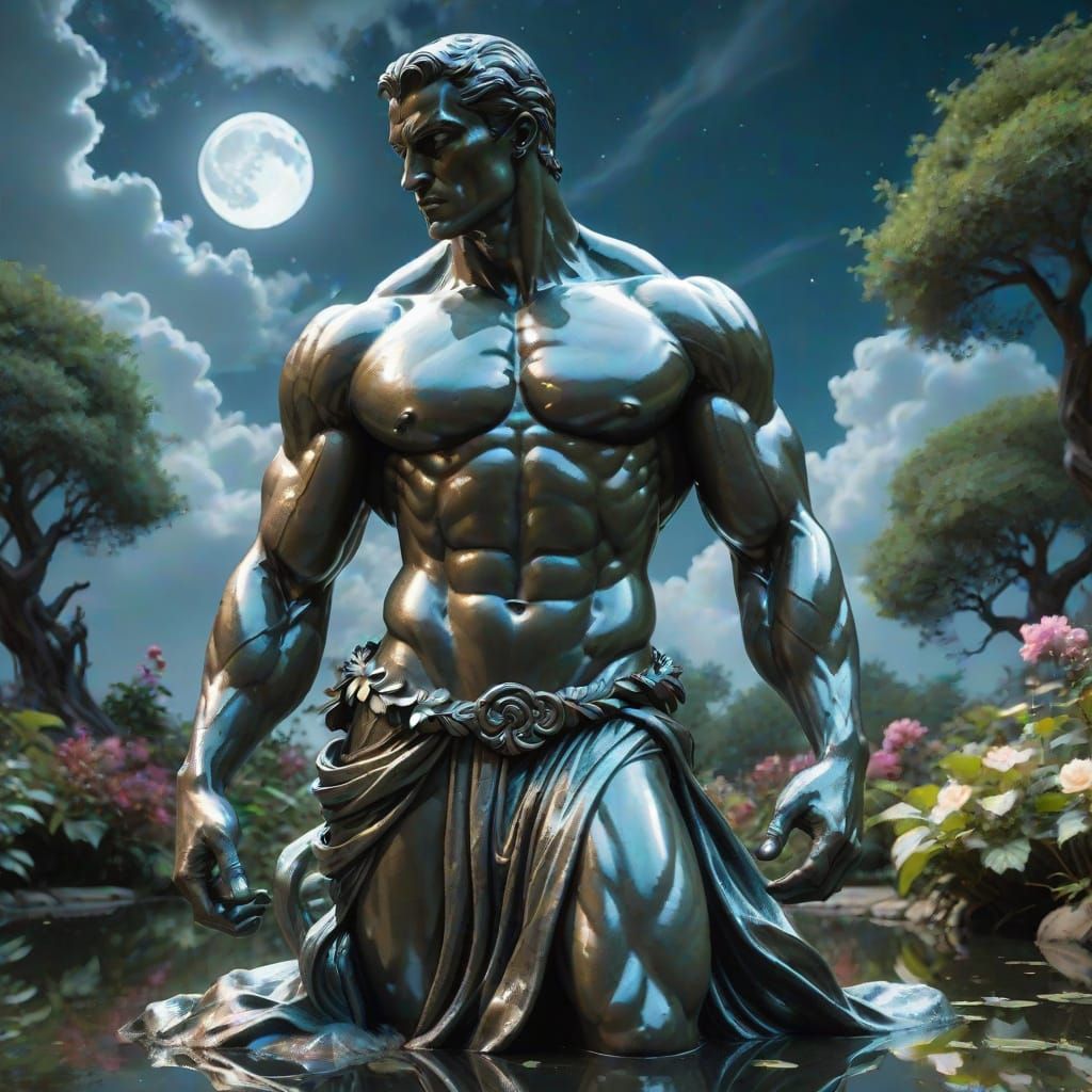 Chrome Bodybuilder Statue in Moonlit Garden