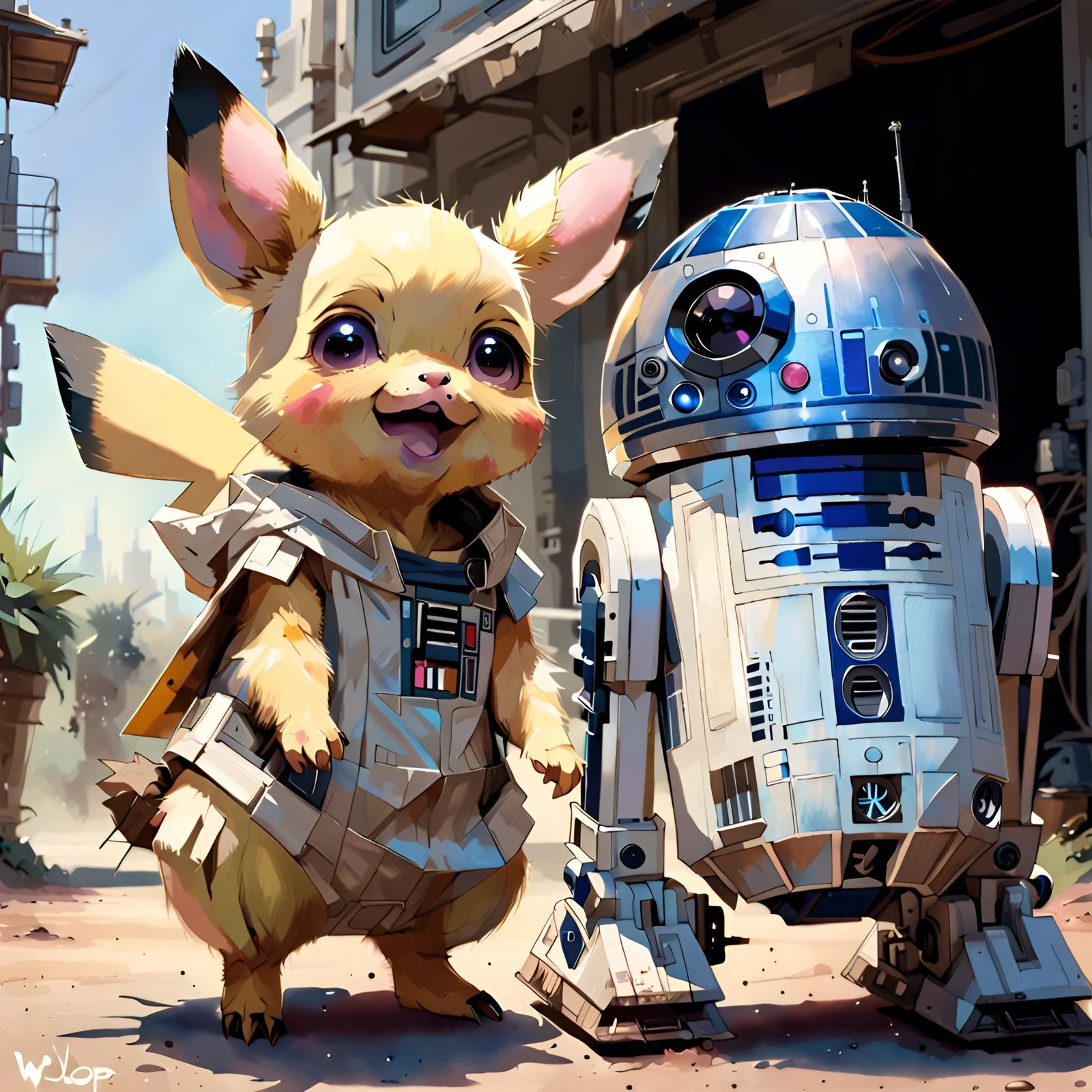 Pichu and R2-D2 Portrait in Detailed Digital Art