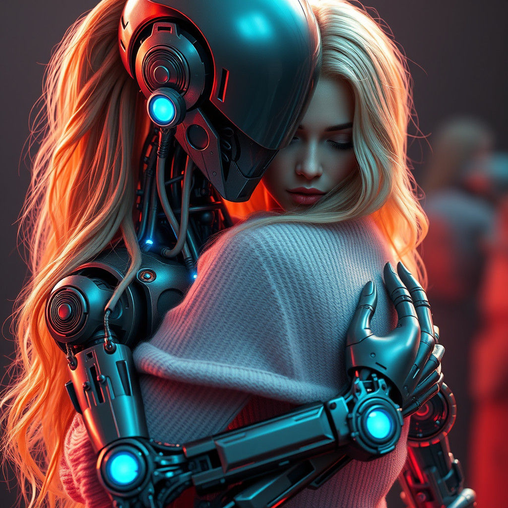 Robot Embracing Woman in Detailed Matte Painting