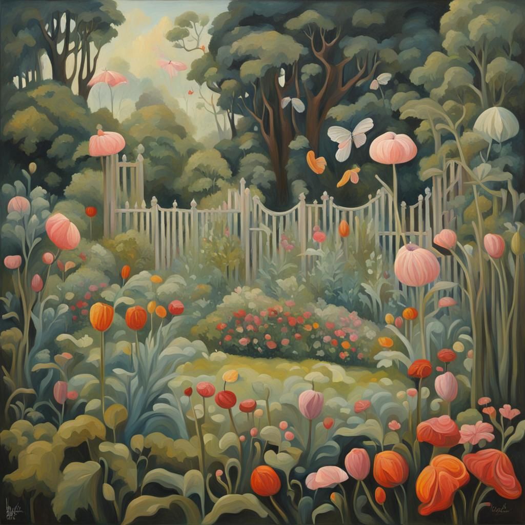 Surreal Garden Oil Painting in Richard Dadd Style