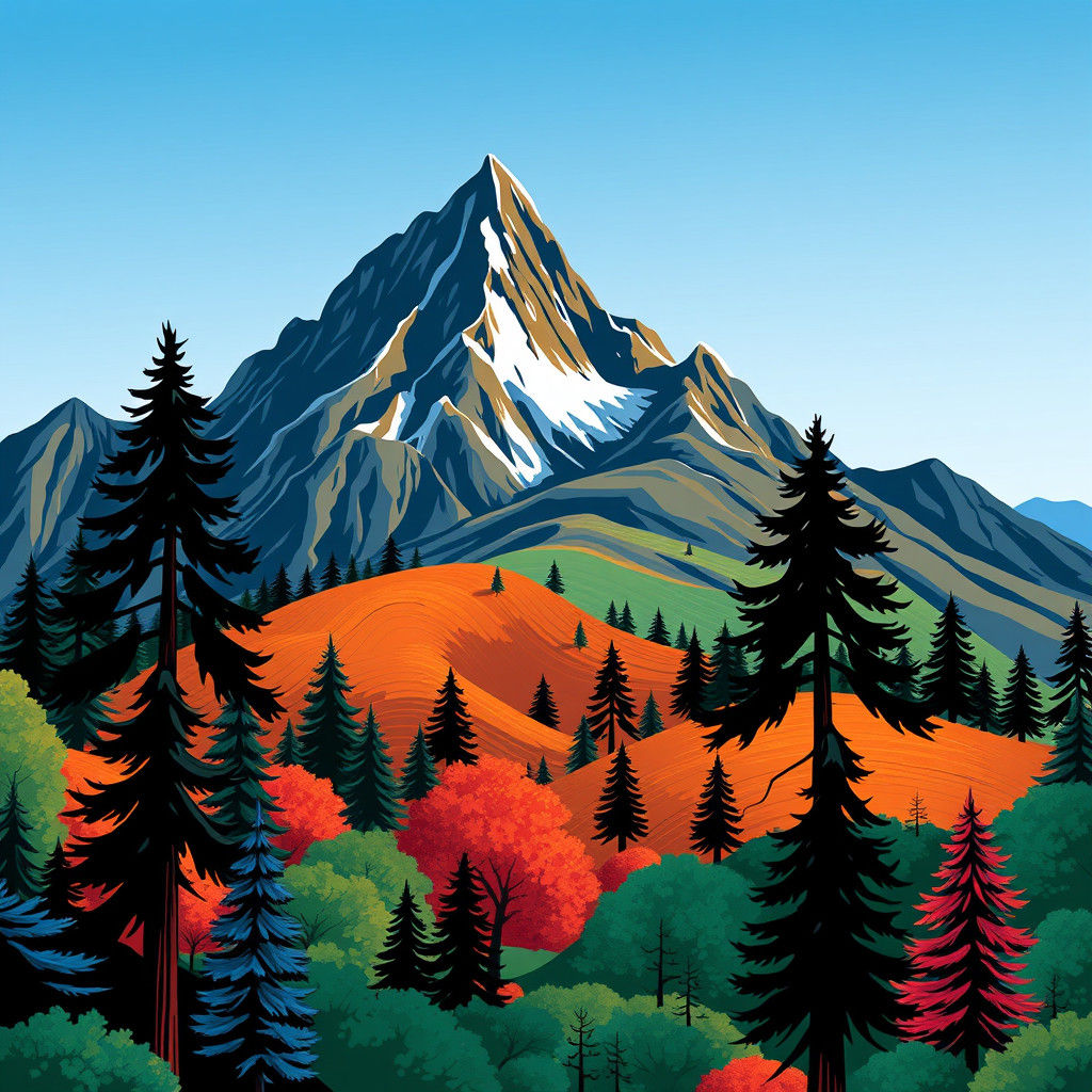 Vibrant Tiling Landscape with Graphic Trees and Expressive O...