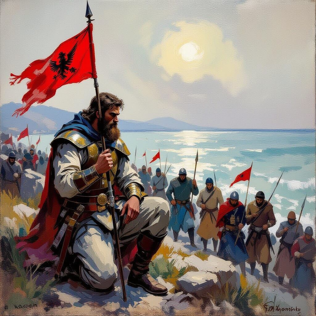 Albanian Warrior in Epic Impressionist Style