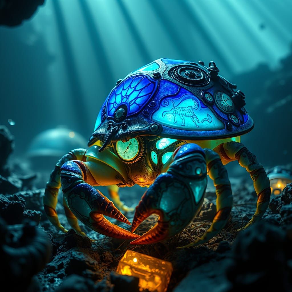 Bioluminescent Crab in Sunken Steampunk City