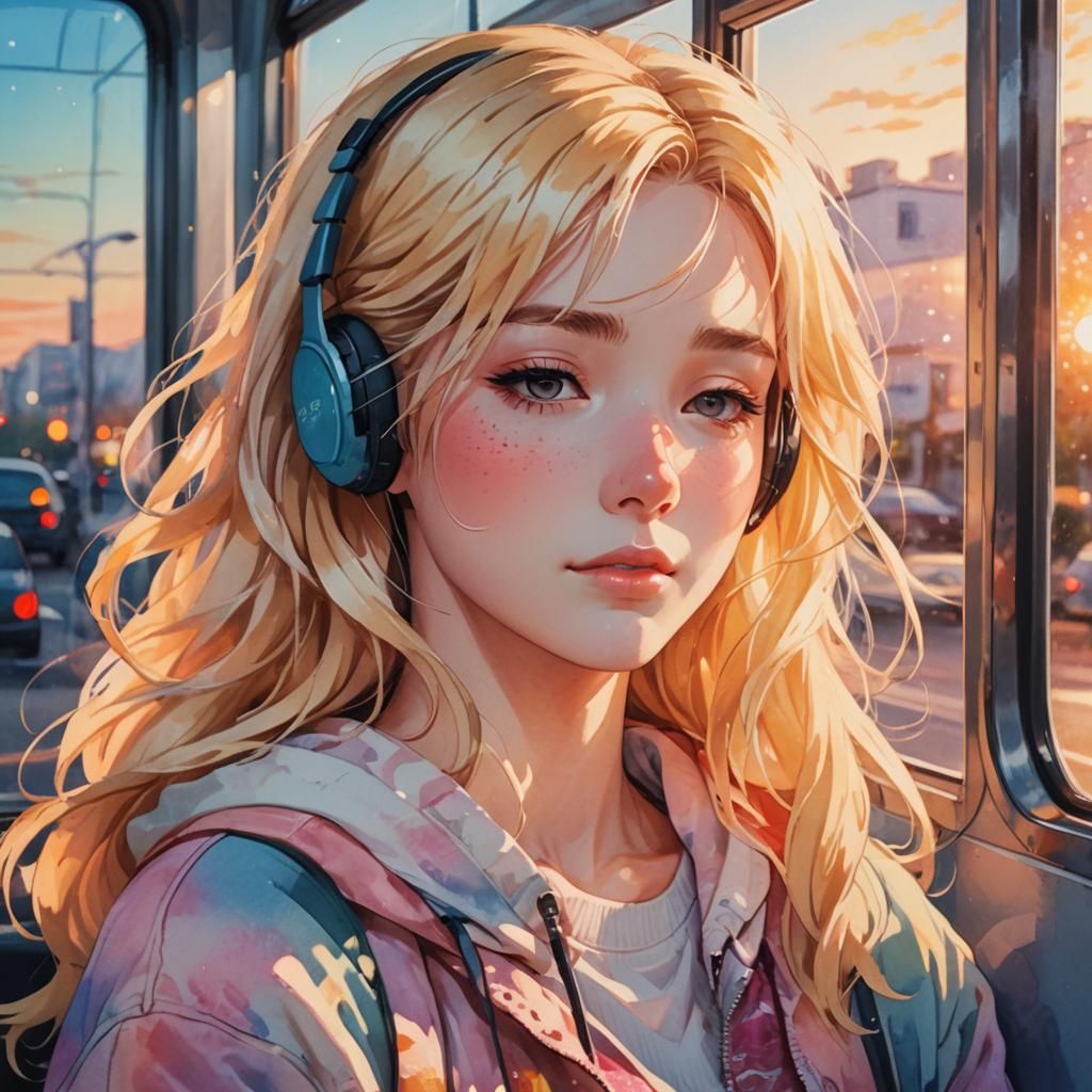 Anime Girl Listening to Music on Bus in Moe Style