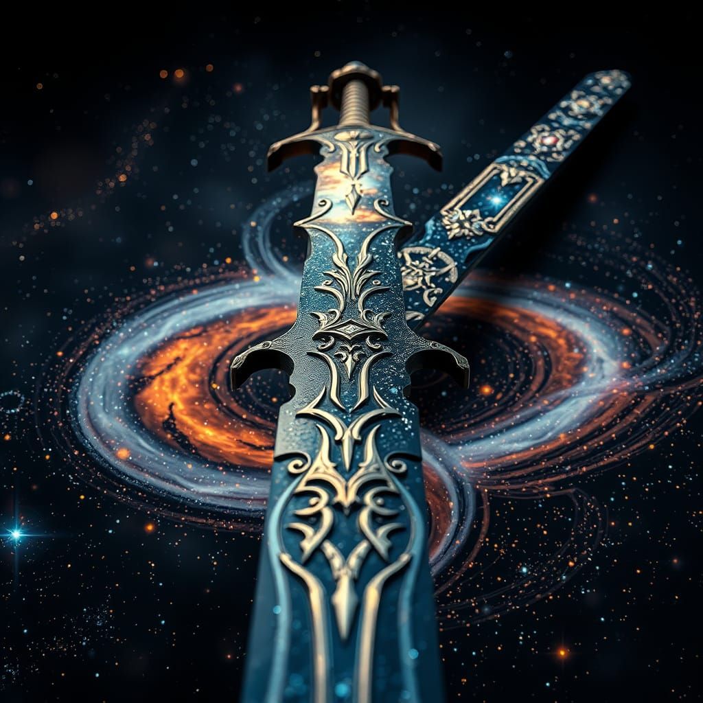Epic Celestial Sword with Shimmering Universe in Intricate D...