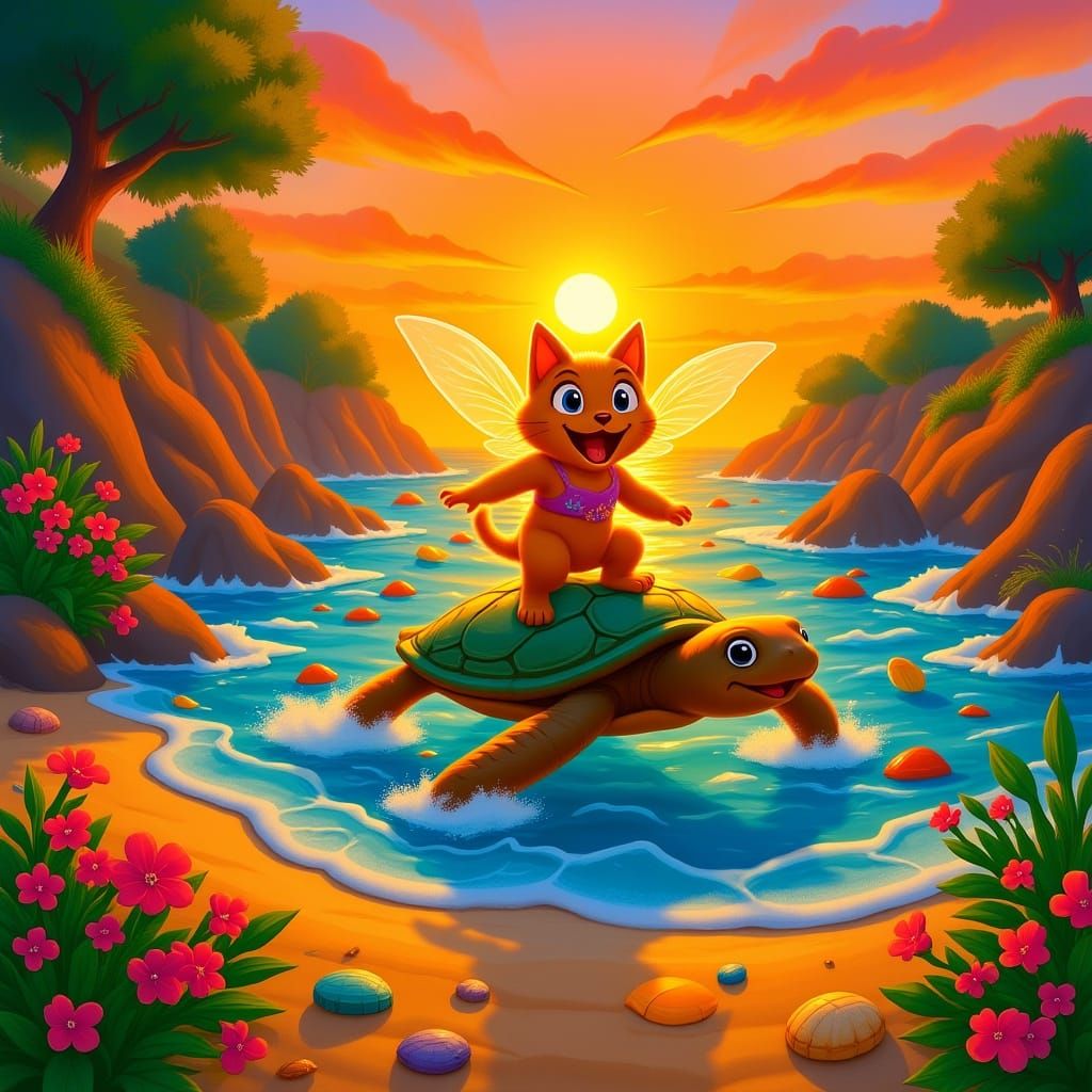 Cat Fairy Rides Sea Turtle at Mediterranean Sunset