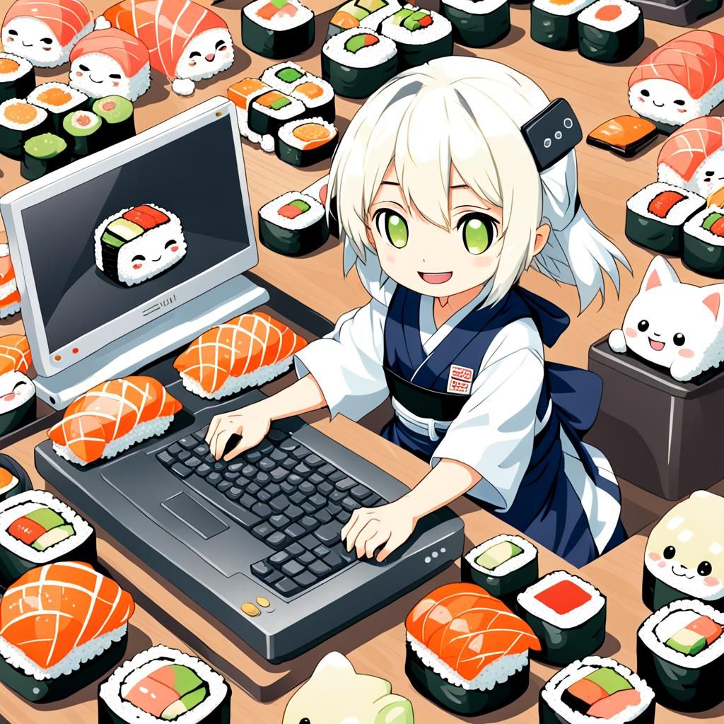 Smiling Sushi Roll Typing on Computer in Anime Style