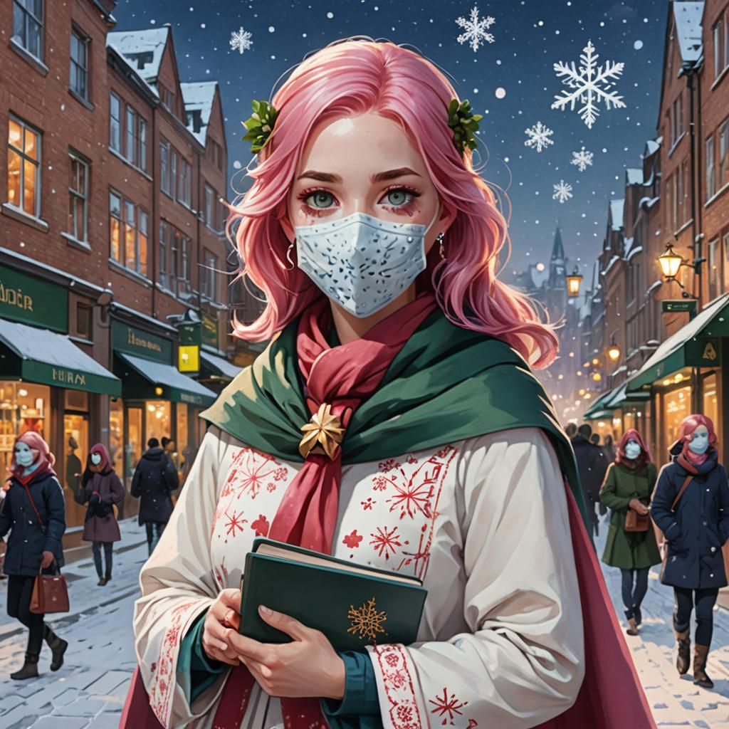 Pink-Haired Woman with Snowflake Mask