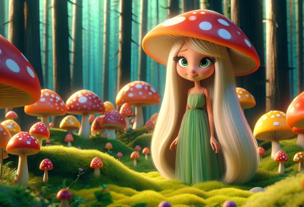Mushroom Girl in Mossy Forest, Animated Style