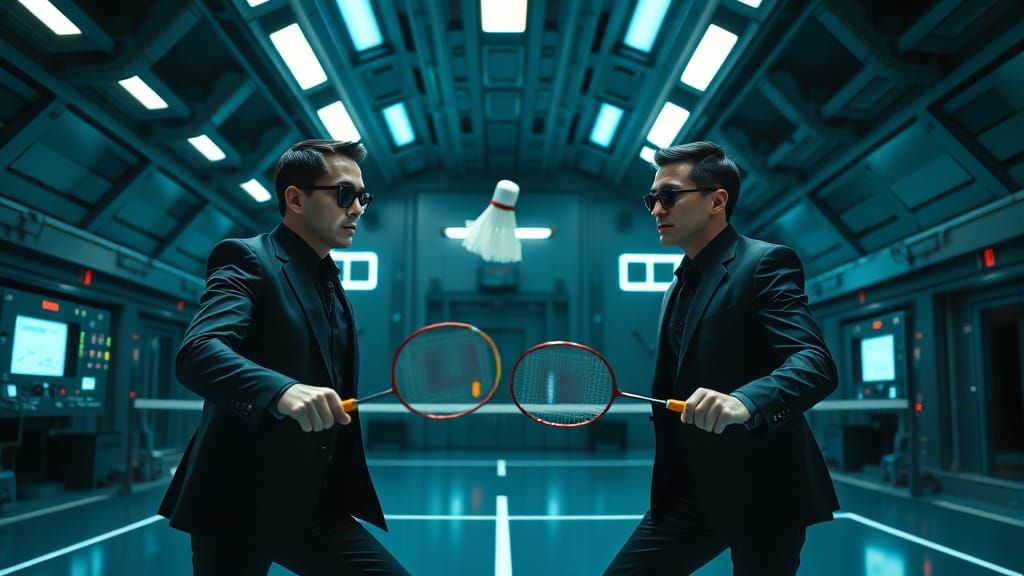 Men In Black Agents Play Badminton in Futuristic Facility