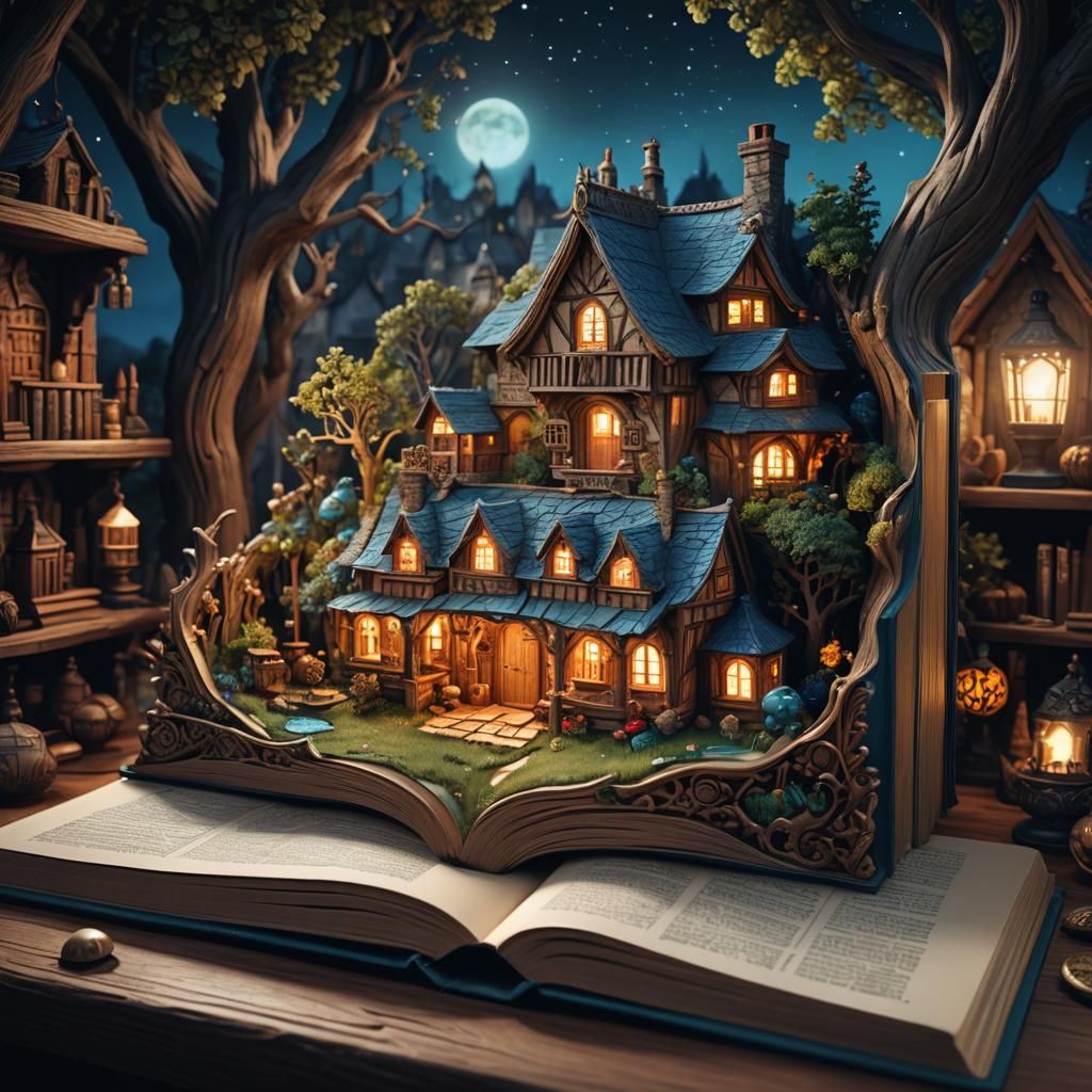 Miniature Fantasy World Carved in Open Book