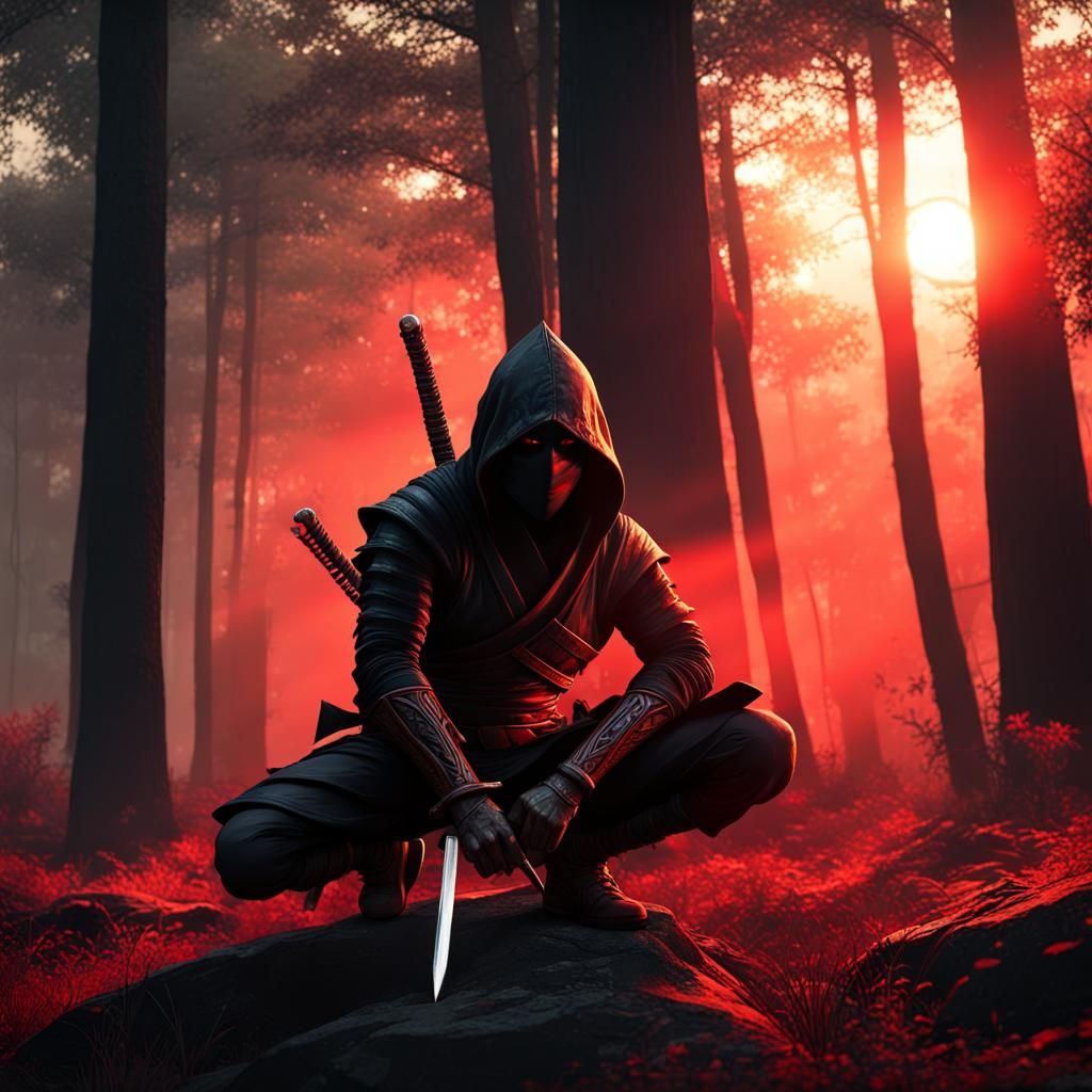 Ninja Assassin in Forest, Dark Fantasy Concept Art