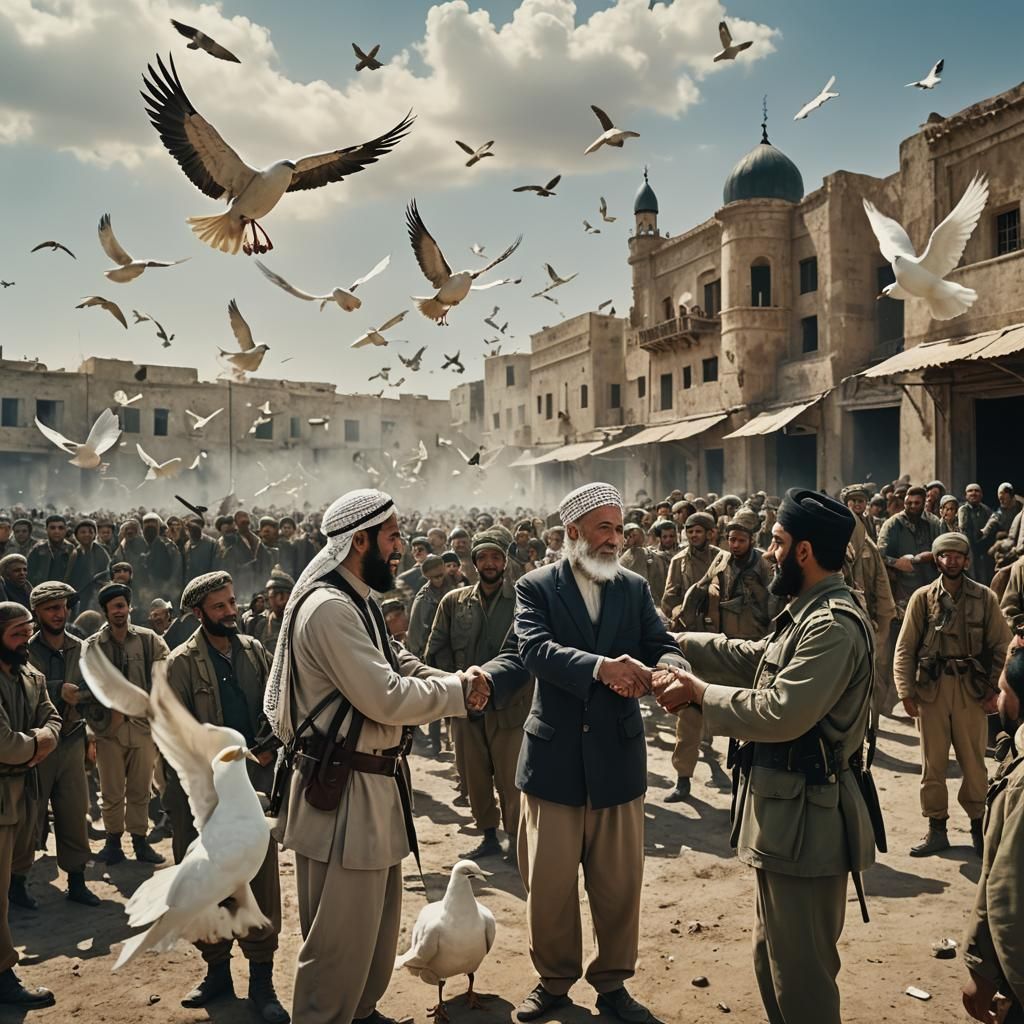 Symbolic Handshake with Doves: Cinematic Film Still