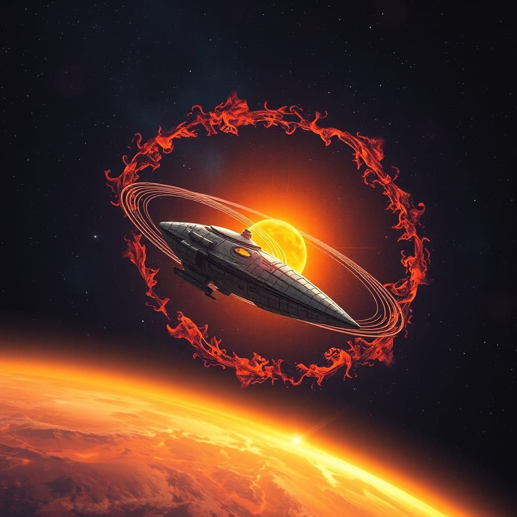Spaceship Orbiting Orange Star in Cosmic Illustration Style