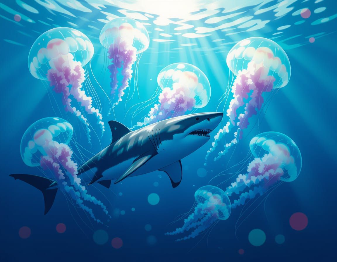 Jellyfish Attack Shark: Cinematic Underwater Scene