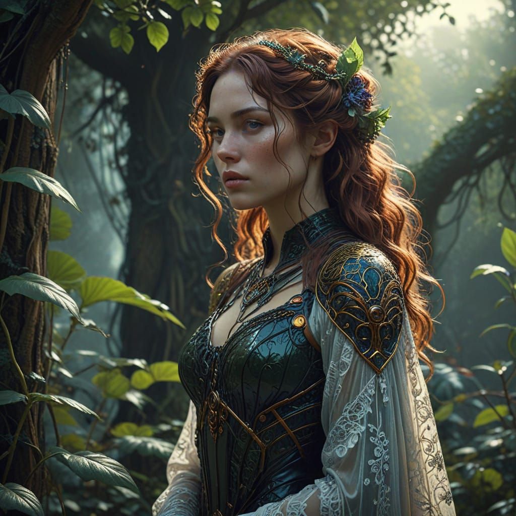 Ethereal Woman in Lush, Cyberpunk Garden