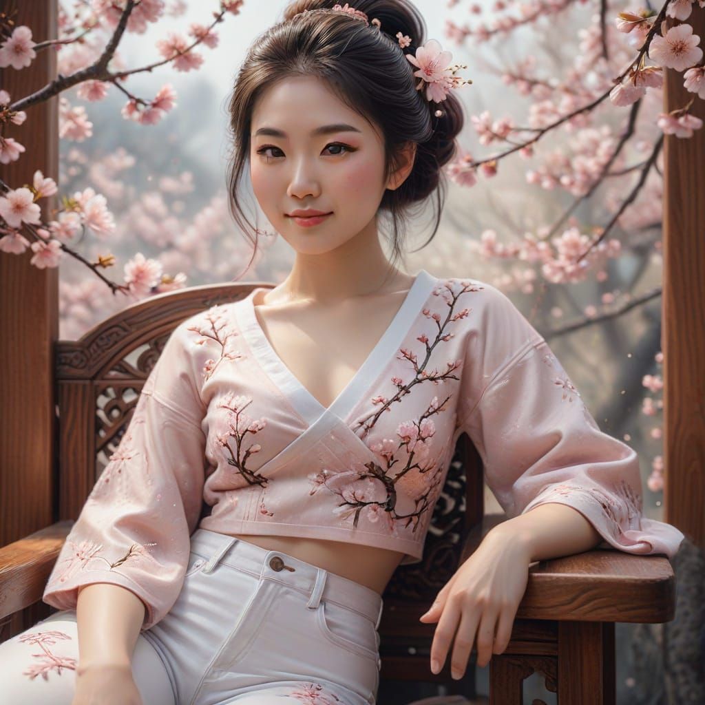 Geisha in Pastel Digital Painting with Cherry Blossom Textur...