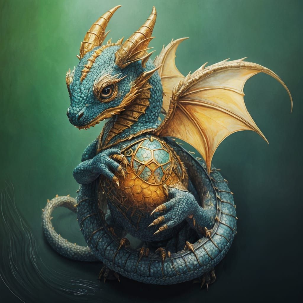 Dragon and Artifact in Gouache Watercolor Style