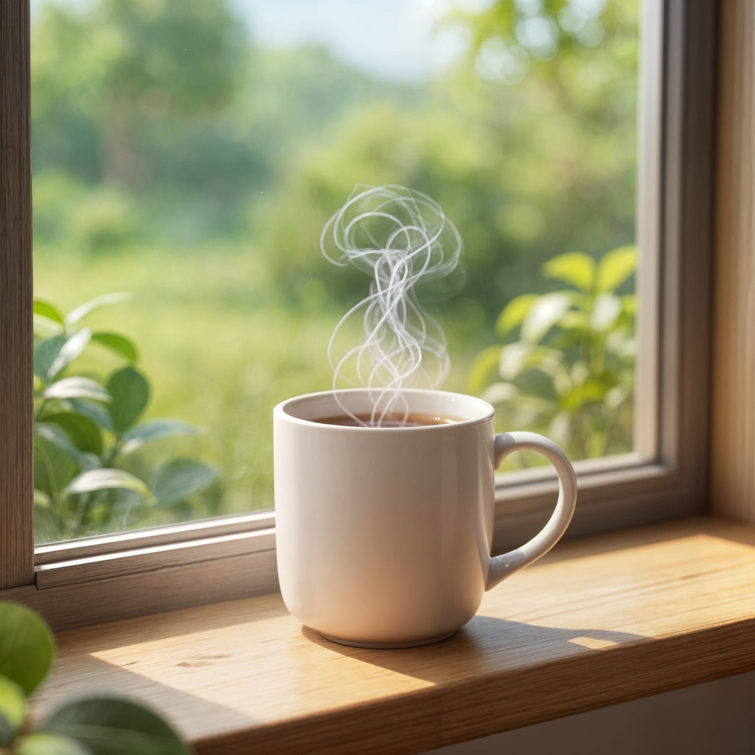 Steaming Mug on Windowsill with Green Landscape in 3D Style