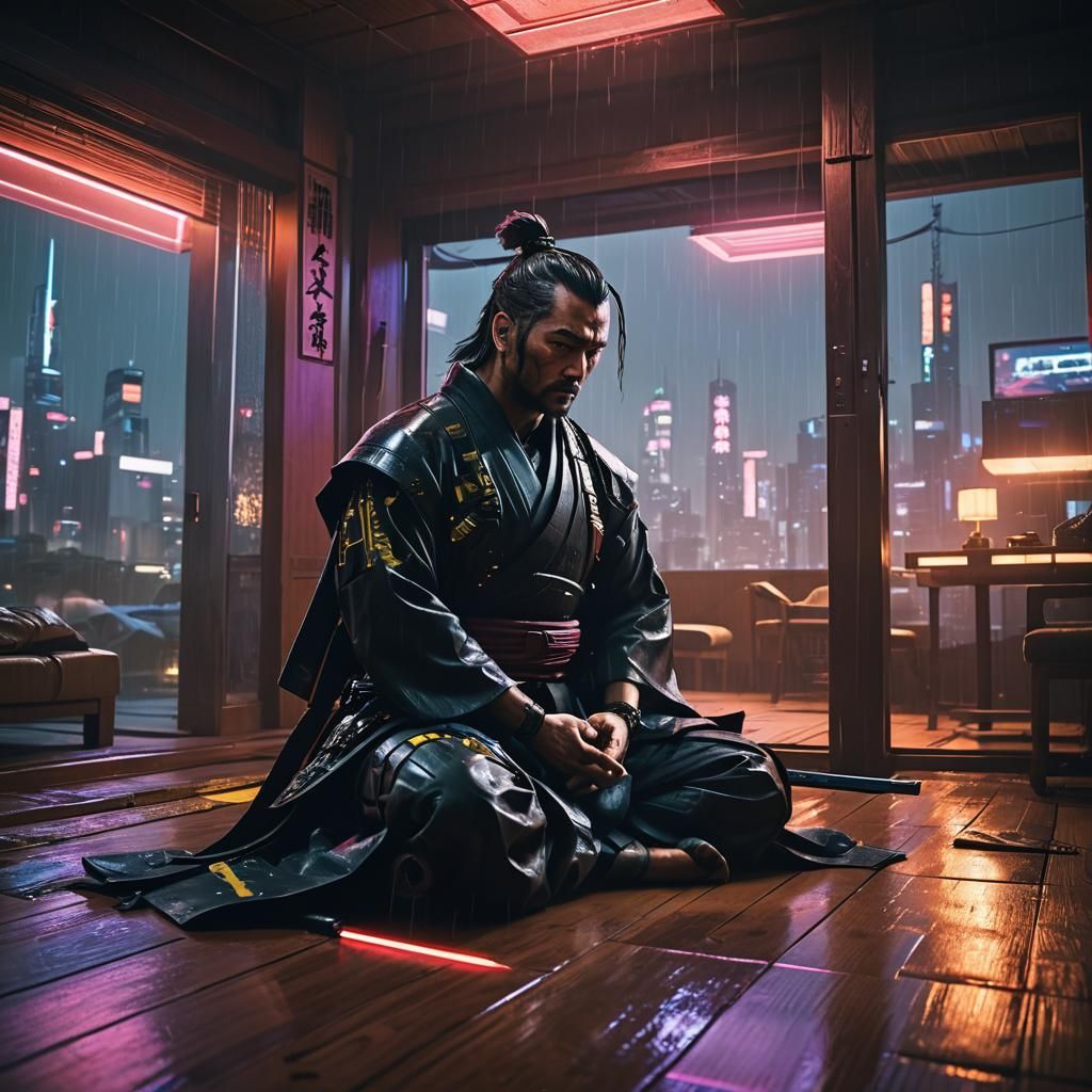 Cyberpunk Samurai Meditation in 2099 Film Still