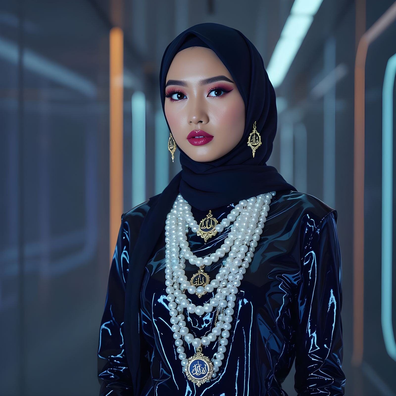 Woman in Hijab with Pearl Jewelry in Futuristic Style
