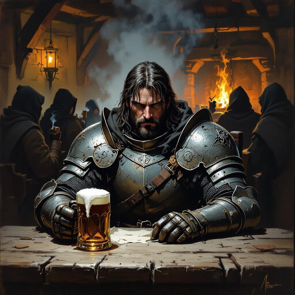 Lone Knight at Tavern Table in Gritty Realistic Style