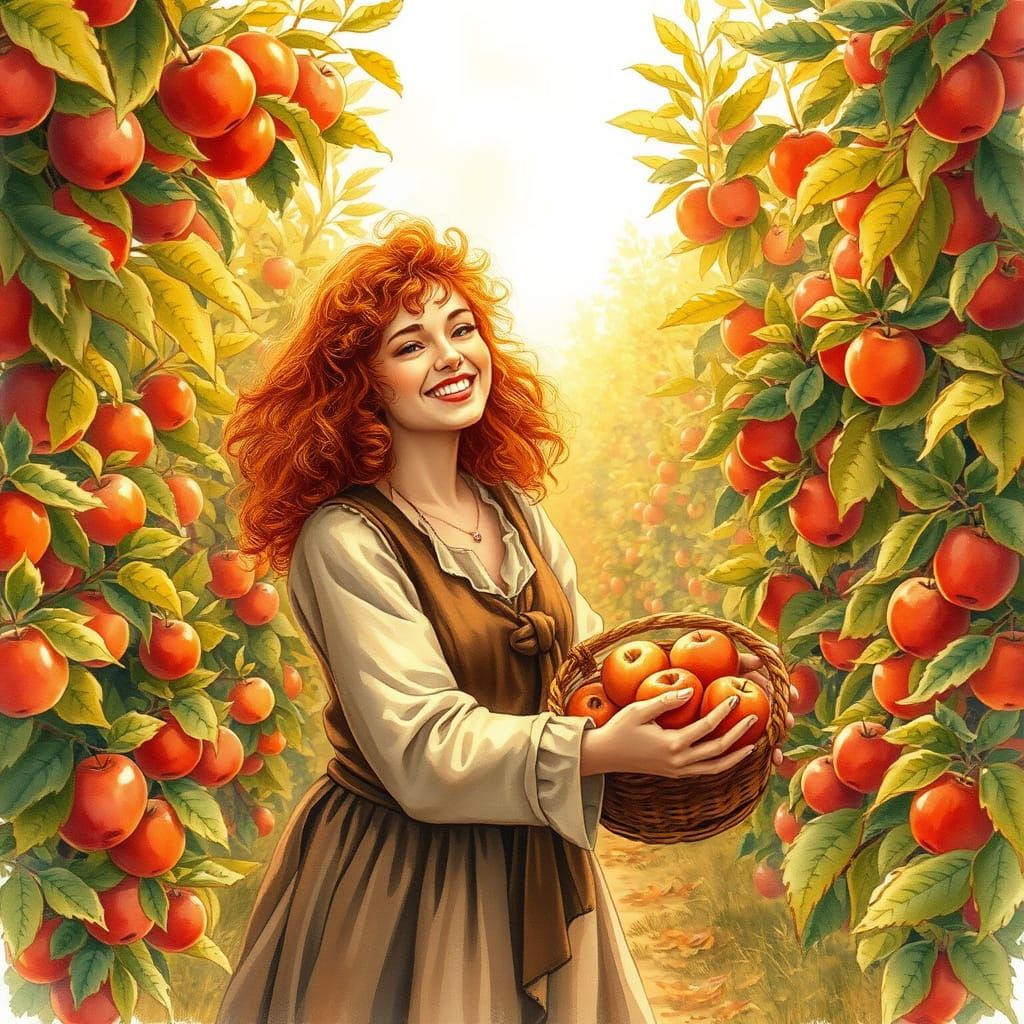 Woman Joyfully Gathers Apples in Sunlit Autumn Orchard