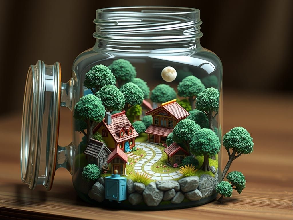 A mason jar with a tiny village inside the mason jar