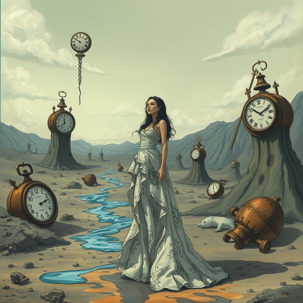 Surreal Anime Woman in Dreamlike Landscape