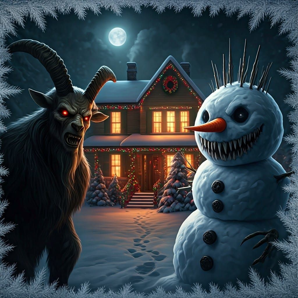 Krampus and a Malevolent Snowman in Moonlit Winter Shadows