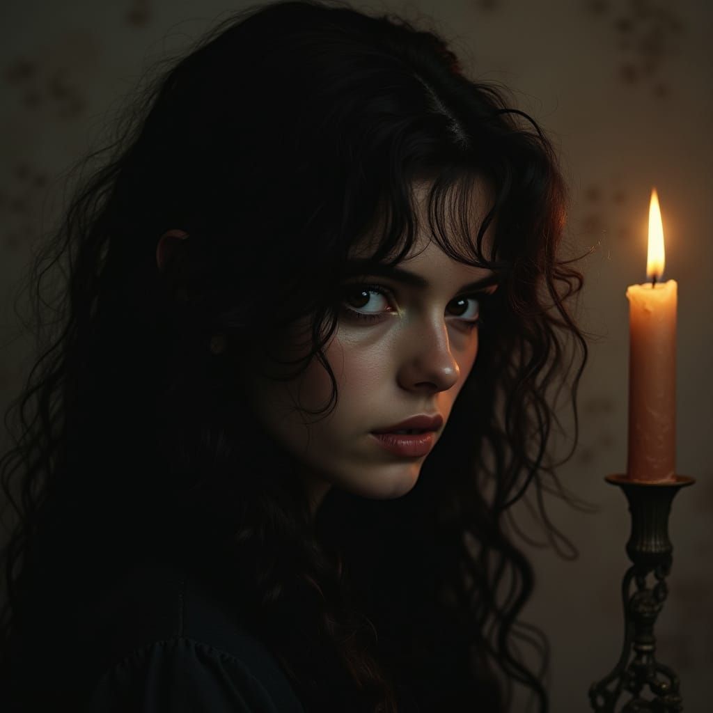 Haunting Portrait of a Raven-Haired Woman by Candlelight