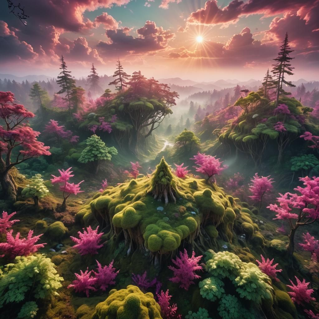 Fantasy Forest Landscape with Fairies in Sunlight