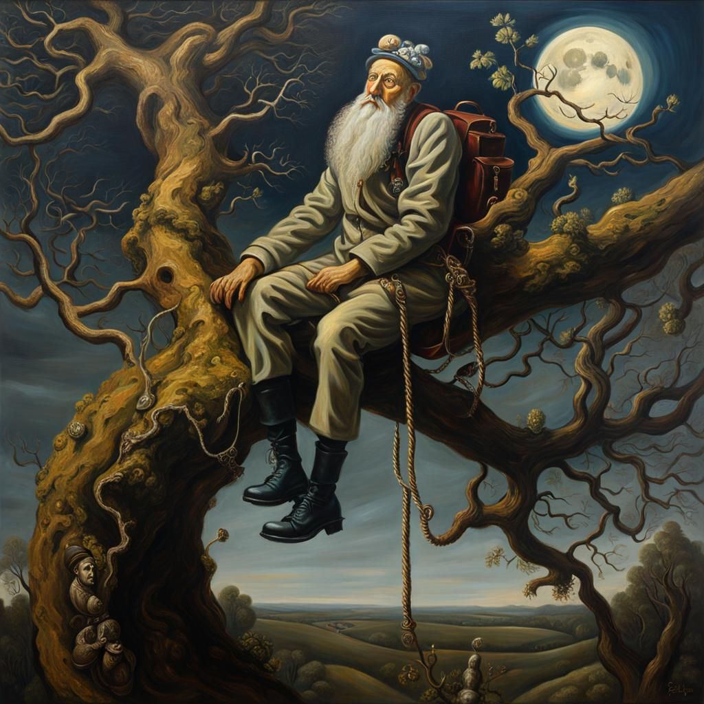 Surrealist Climber Reaching for the Moon in Oil Painting