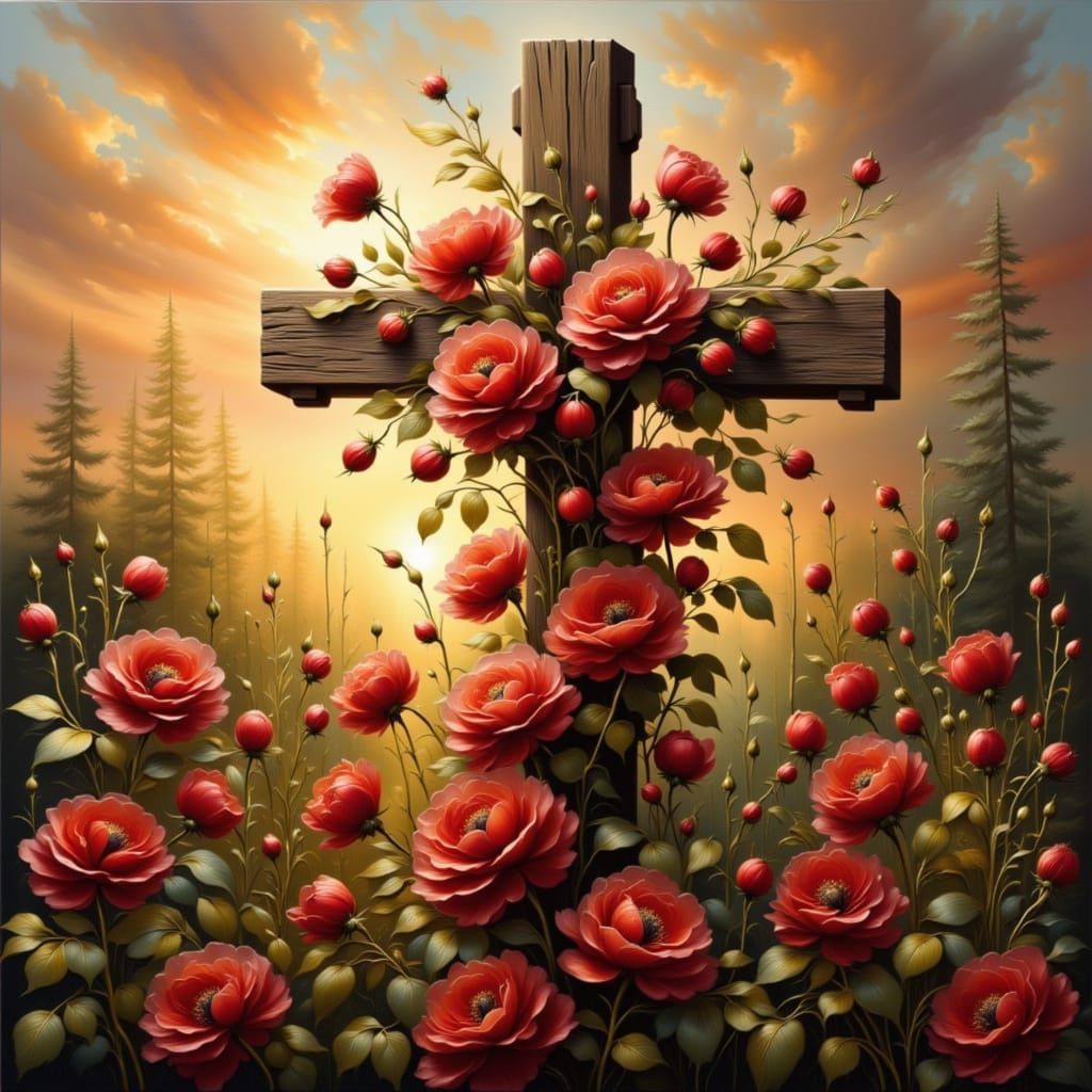 Ethereal Wooden Cross with Red Roses in Golden Light