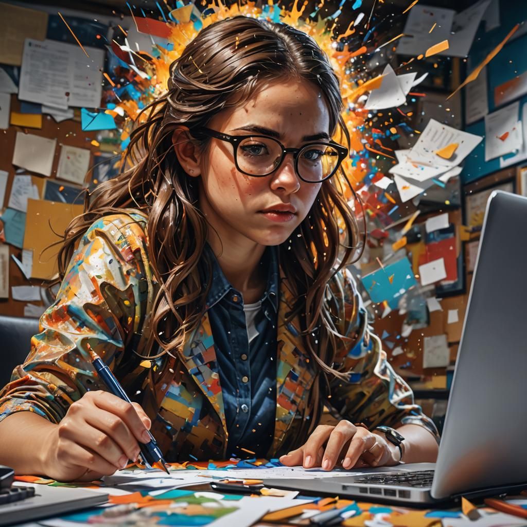 Girl Working on Laptop: Hyperrealistic Splash Art