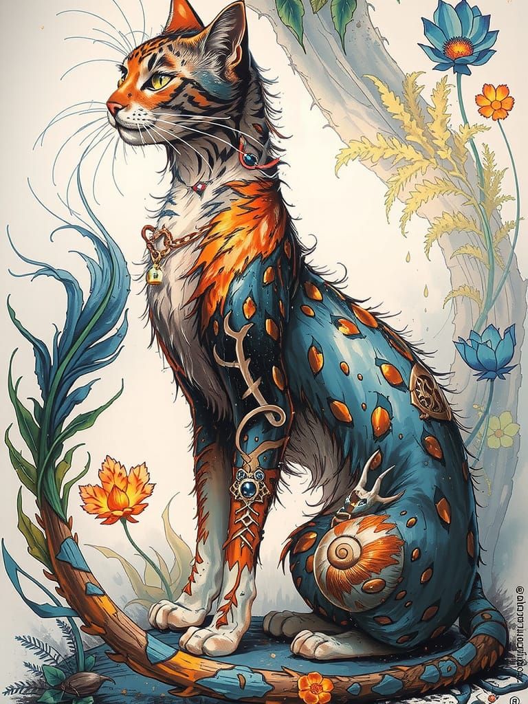 Surreal Mystic Cat in Whimsical Forest Scene, Ink and Silk S...