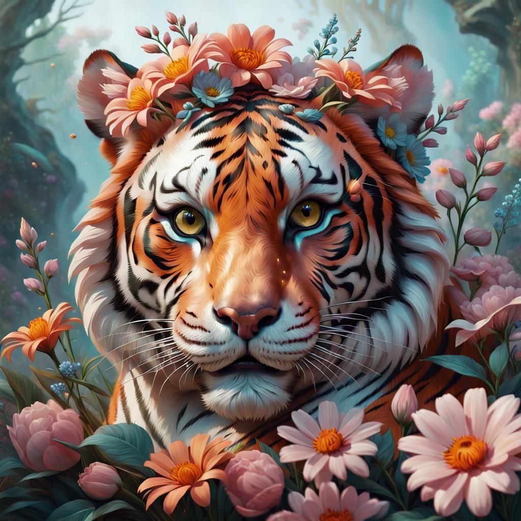 Dreamy Tiger Head Surrounded by Flowers, Fantasy Art