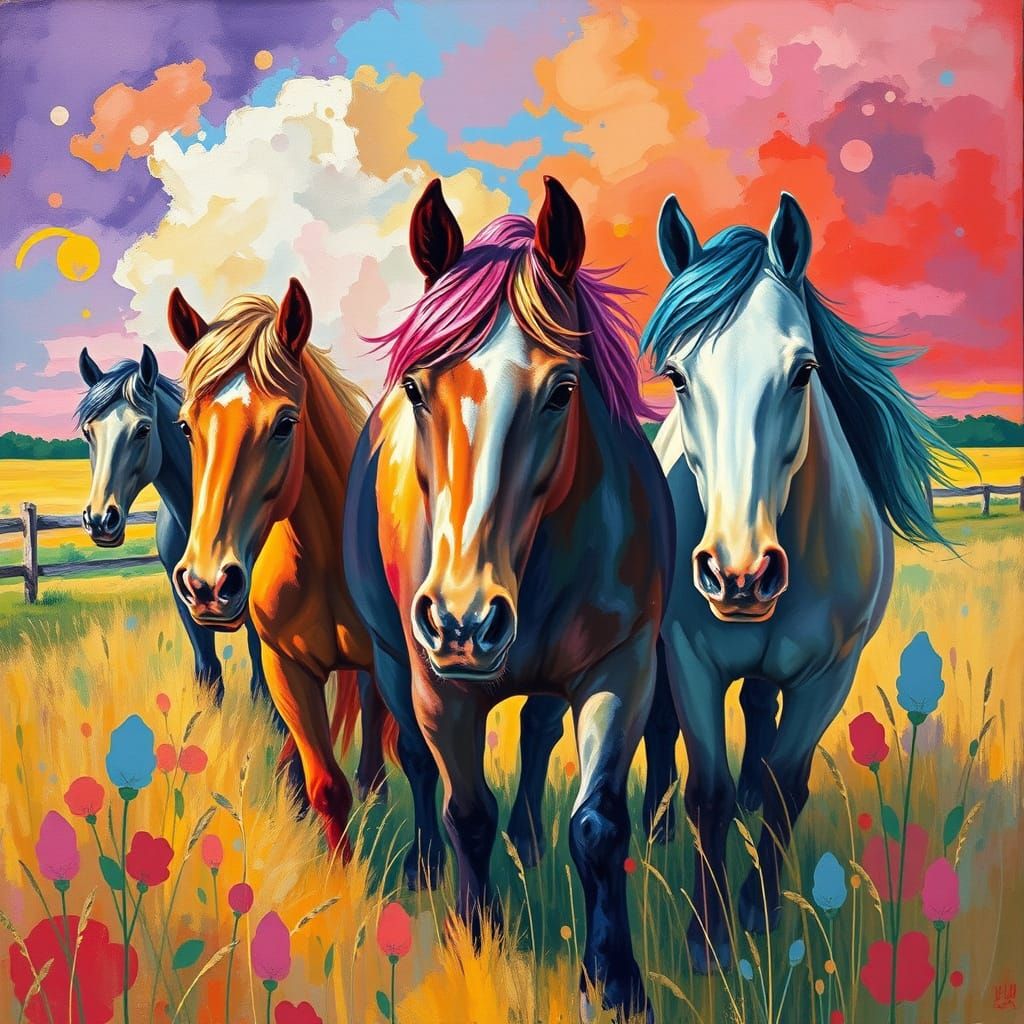 Gouache Masterpiece of Multicolored Horses in a Dreamlike Fa...