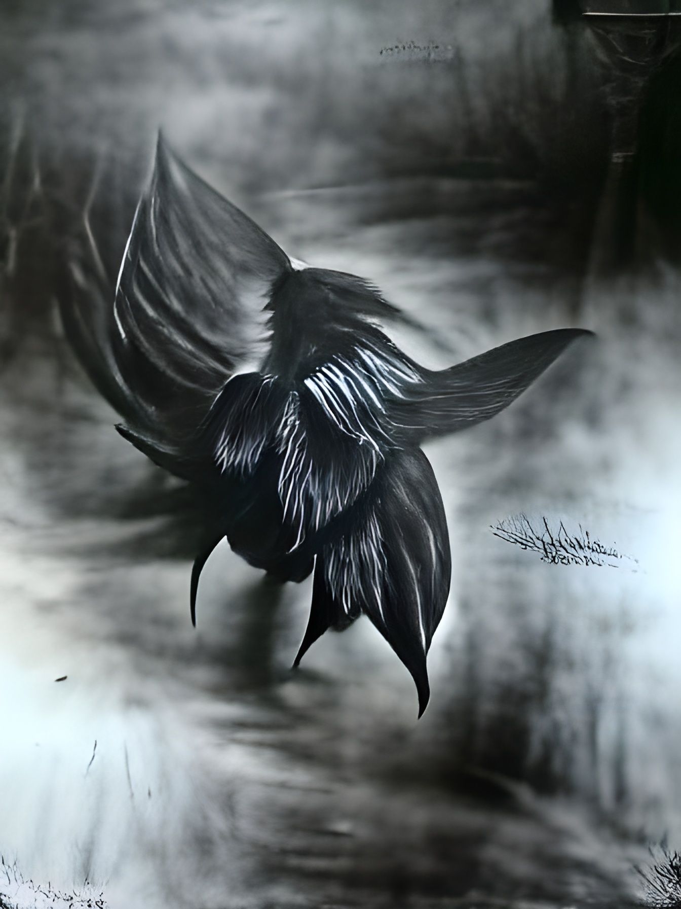 Detailed Charcoal Drawing of Black Wings