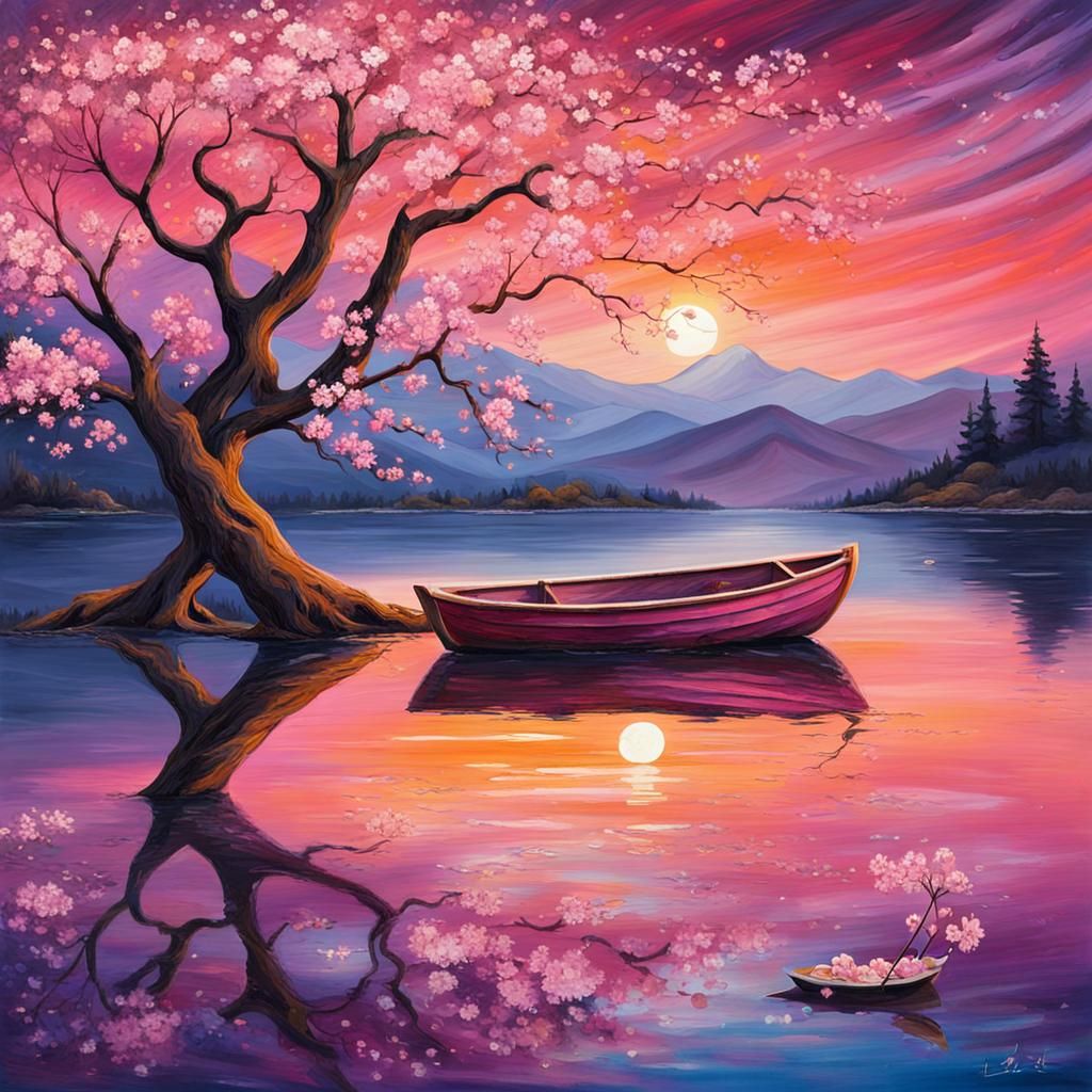 Cherry Blossom Tree at Twilight Lake