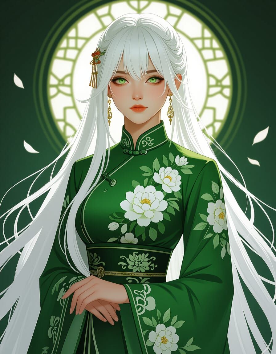 Chinese Woman with White Hair in Elegant Qipao