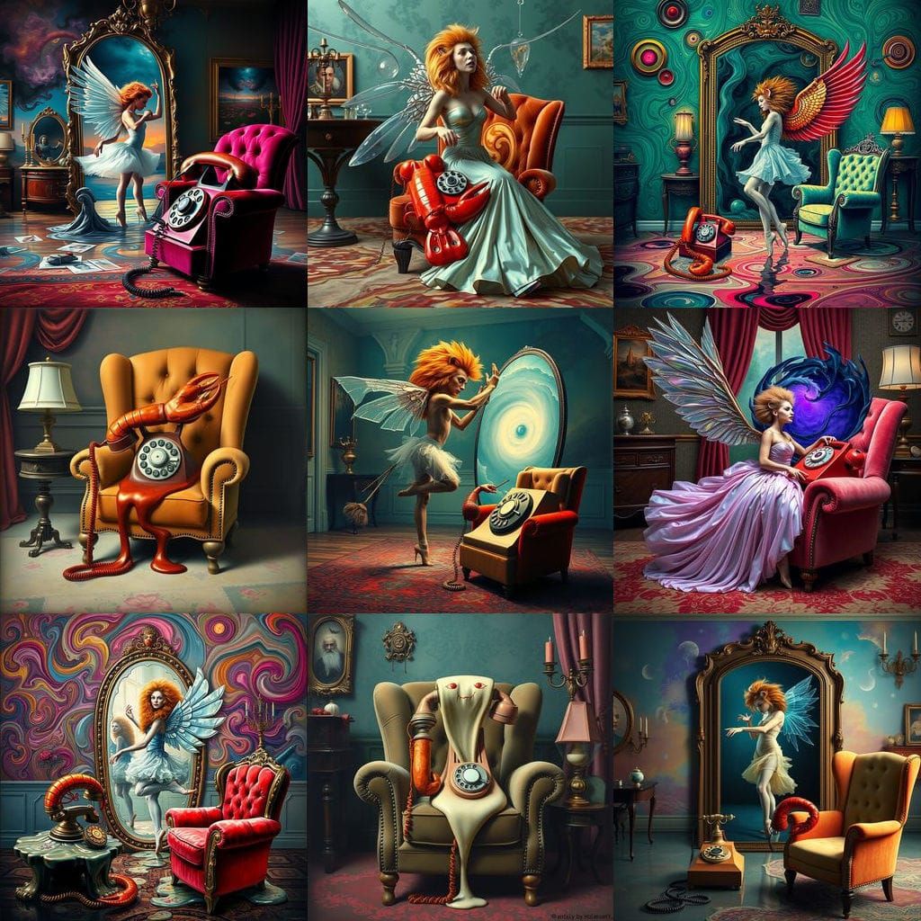 Surreal Parlor with Lobster Telephone and Glass-Winged Dance...