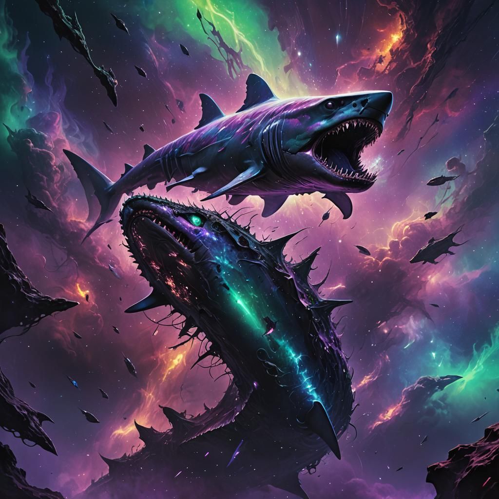 Fierce Space Shark in Nebula: Dark Fantasy Art